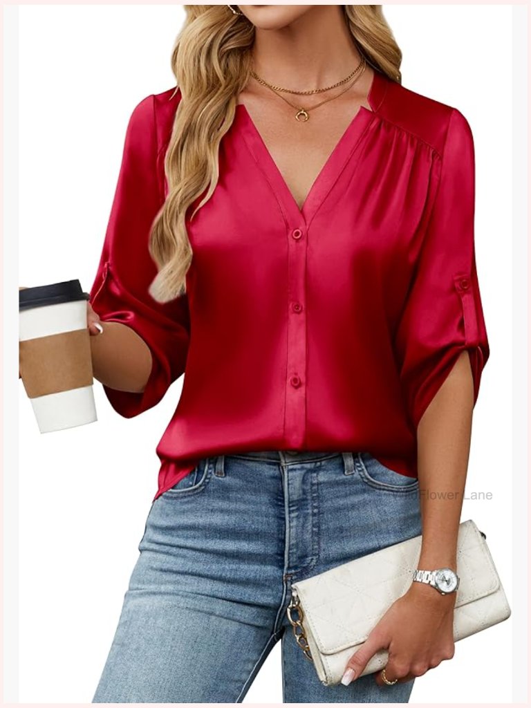 Button Down Shirt 3/4 Sleeve Dressy Casual Pleated Satin Silk Blouse